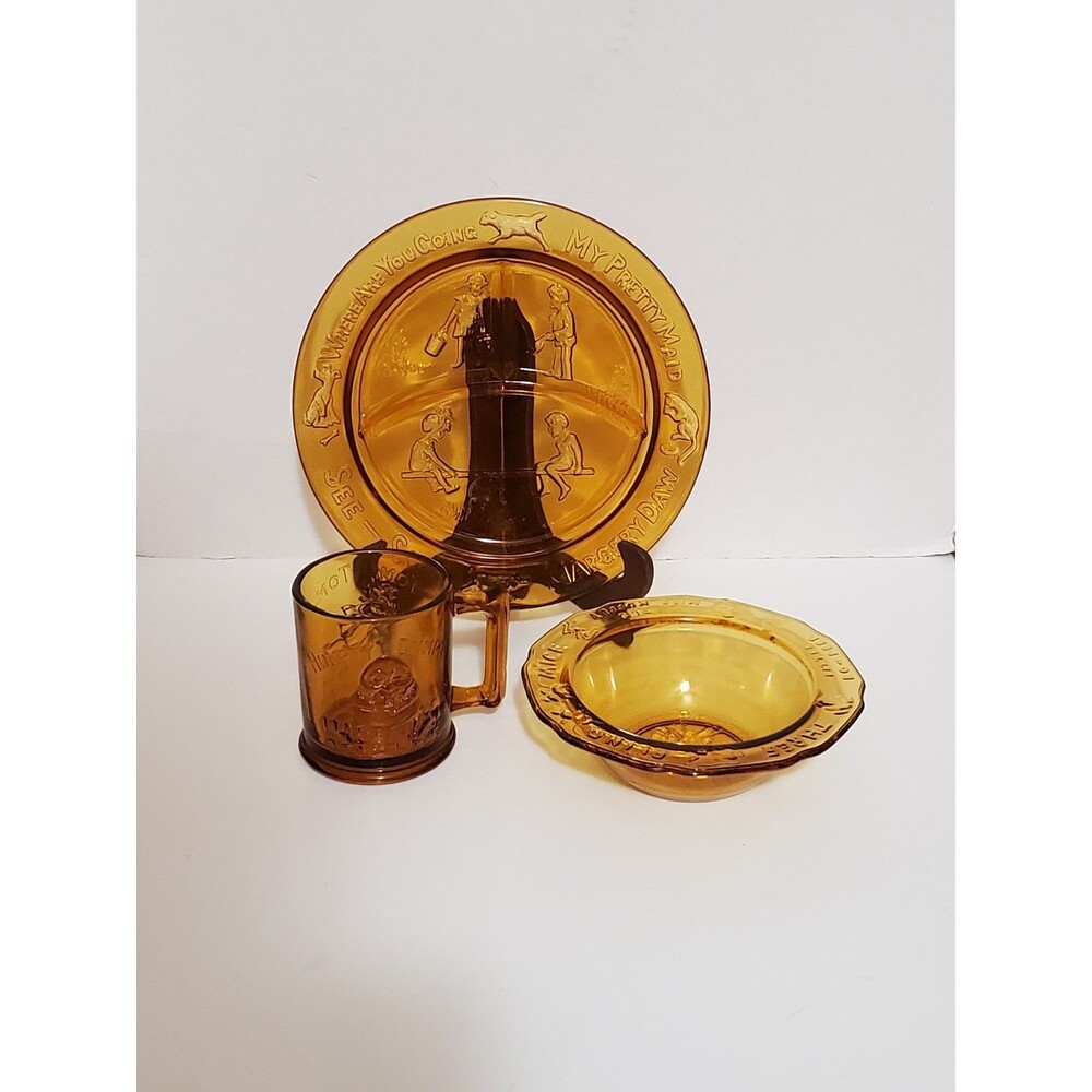 Tiara Amber Glass Mother Goose Nursery Rhyme Child Plate Mug Bowl Vtg 3 Pc Set